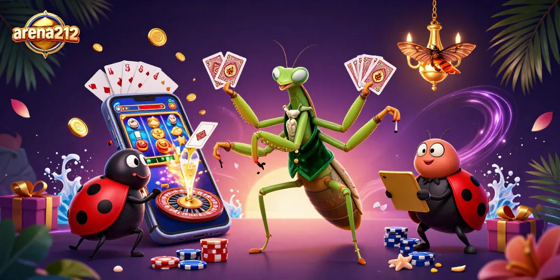 Gambarkan arena212 dengan mantis raksasa dan bos ladybug di kasino, menunjukkan aksi gemerlap dan permainan.