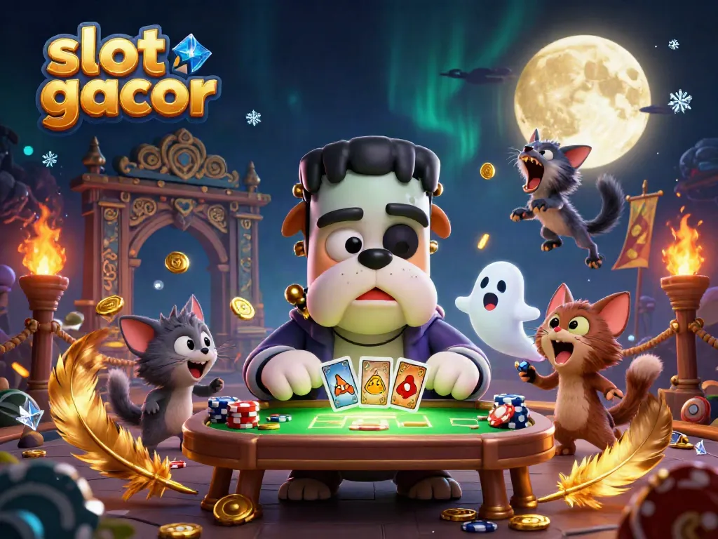 Slot gacor menampilkan karakter kartun misterius bermain kartu di meja kasino yang menakutkan.