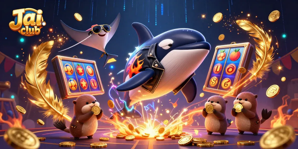 Experience thrilling gameplay on Jai club as cartoon orca whale jumps through swirling slot reels and golden coins.