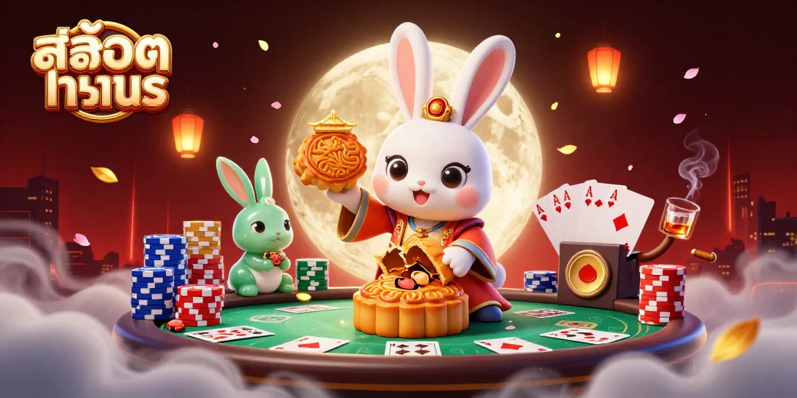 Mengalami Slot Uji Coba dengan imej unik kelinci bulan dan chip poker di latar belakang kasino.