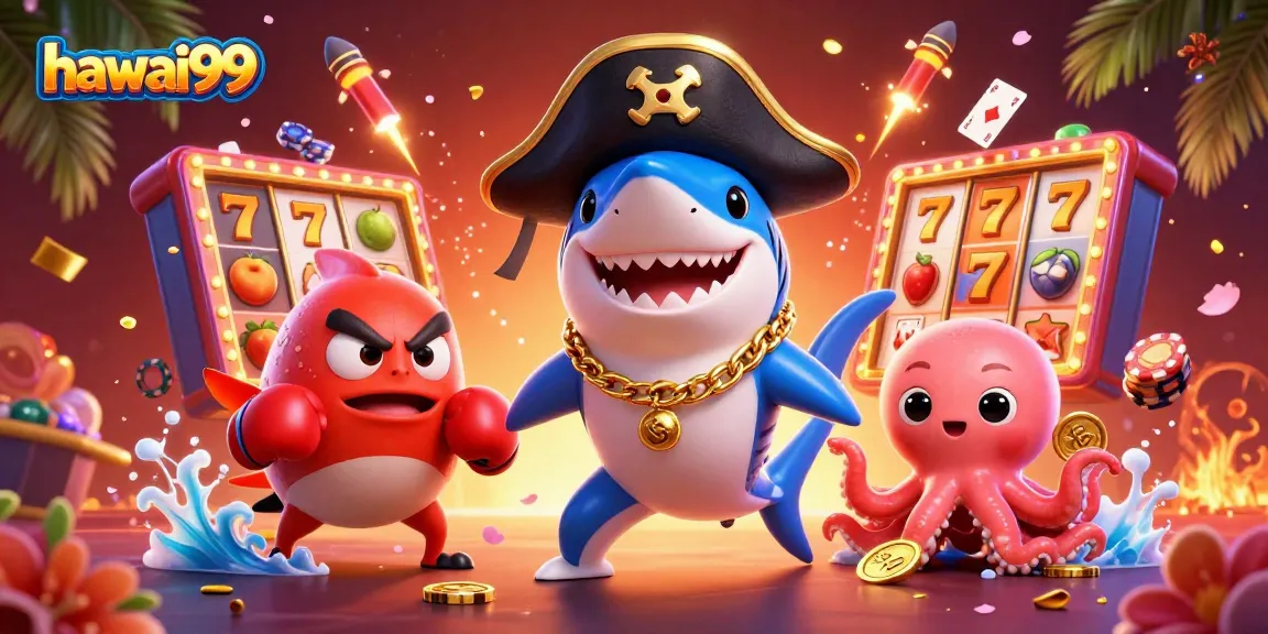 Experience exciting gameplay with hawai99's vibrant casino characters and elements in a colorful scene.