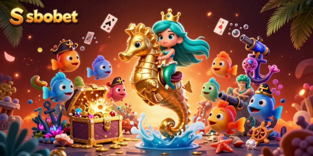 Sbobet showcases a 3D mermaid princess riding a seahorse among colorful fish, capturing the essence of gambling.