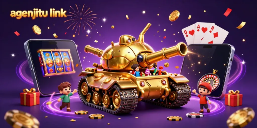 Merayakan pengalaman bermain di agenjitu link dengan ilustrasi kasino mini dan karakter menarik.