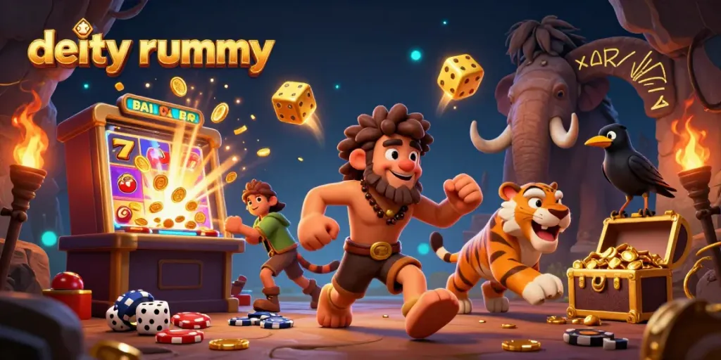 Gambarkan aksi dalam permainan deity rummy dengan duo kadal dan harimau sabertooth di kasino prasejarah.