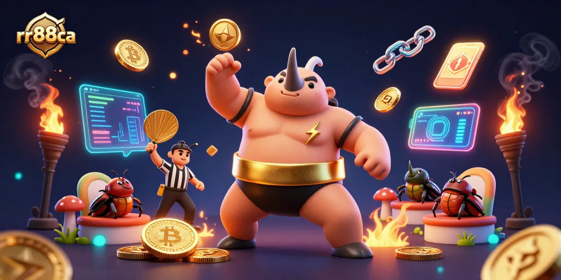 rr88ca features a vibrant 3D beetle sumo champion amidst flying golden coins in a lively casino setting.