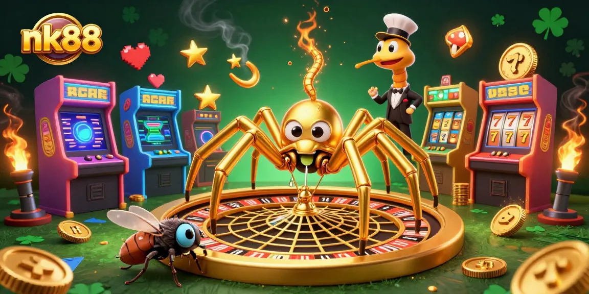 Experience thrilling gameplay at nk88 with a vibrant scene showcasing a golden spider and playful elements in a casino.