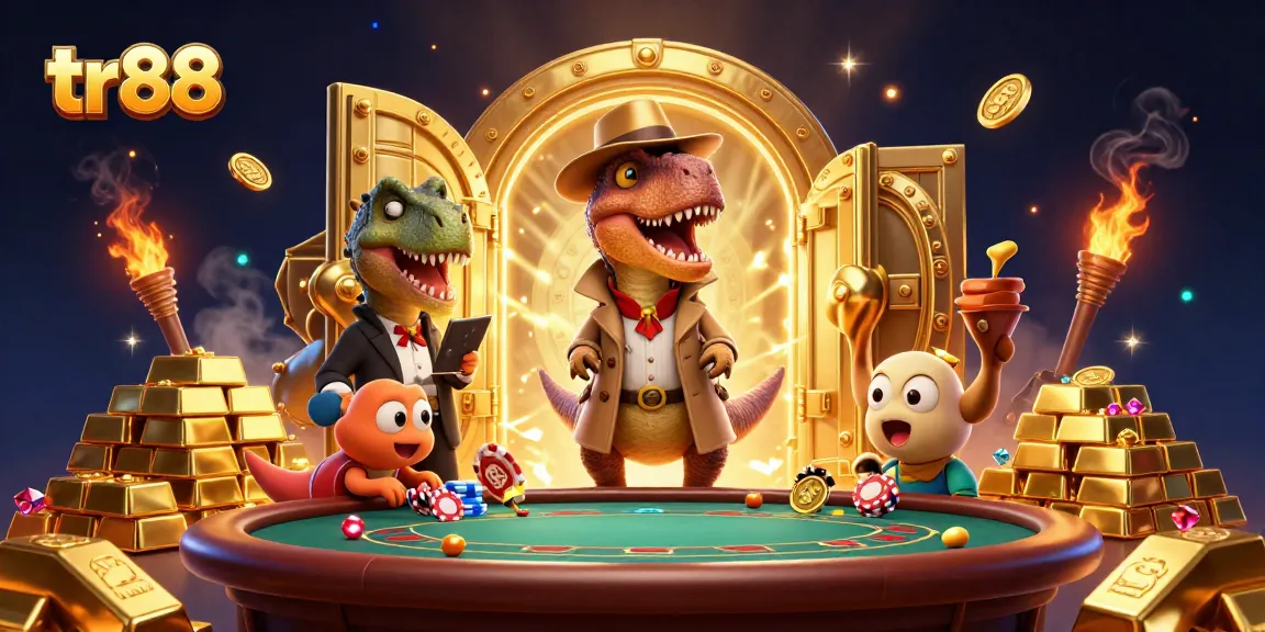 Engage with tr88 through a thrilling blackjack scene featuring cartoon dinosaurs and dazzling golden treasures.