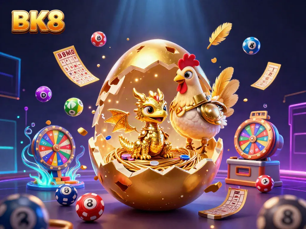 Engage with BK8's dynamic casino scene featuring a golden dragon and vibrant gaming elements.