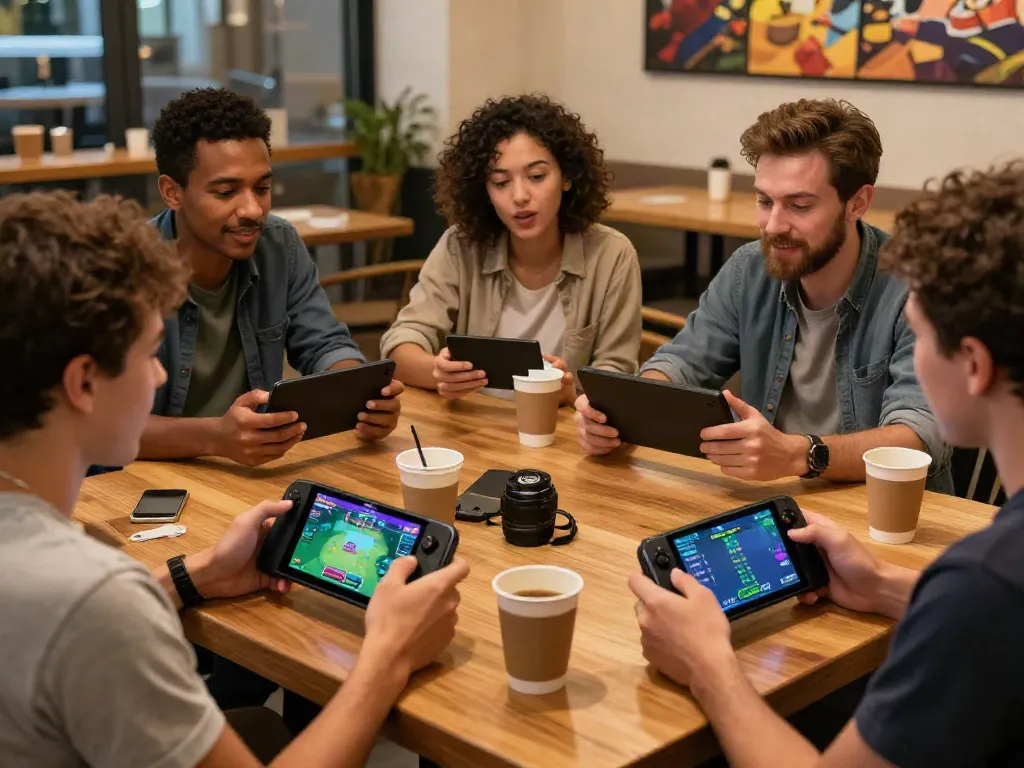 Group enjoying yono games on mobile devices in a café setting.