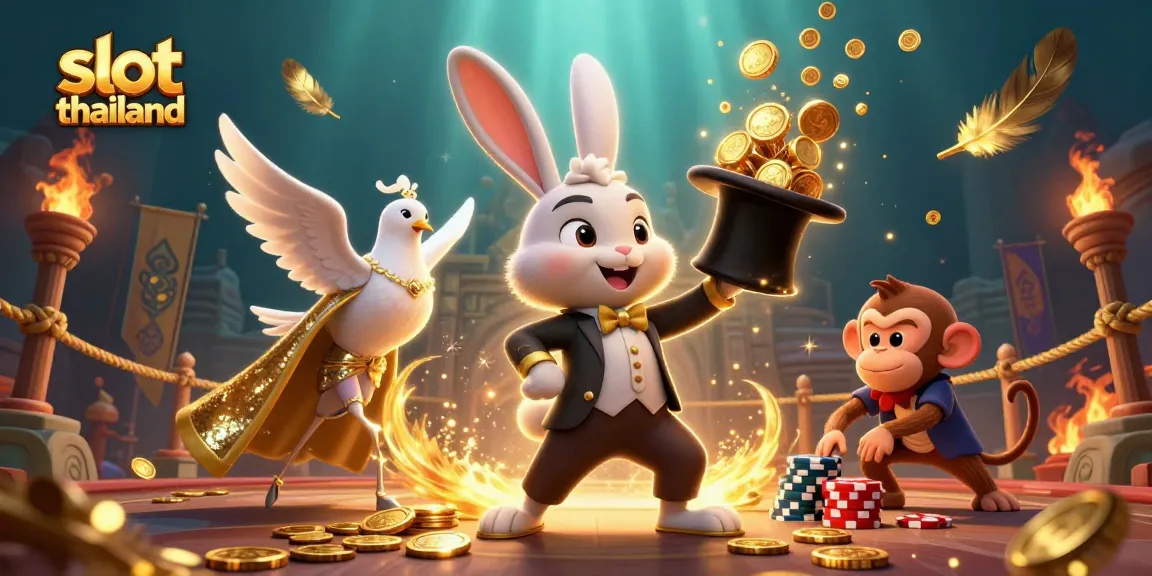 Win big at slot thailand with a cartoon magician conjuring coins and a playful monkey taking chips.