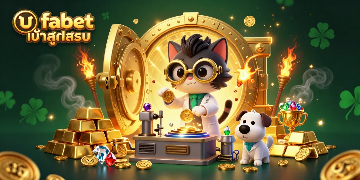 Experience ufabet เข้าสู่ระบบ with a lively 3D scene featuring a mad scientist cat and golden treasure elements.
