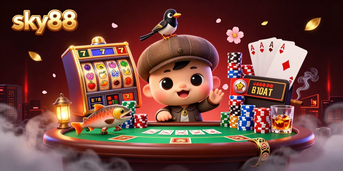 Engage in thrilling gameplay at sky88 with cartoon characters and vibrant casino elements.