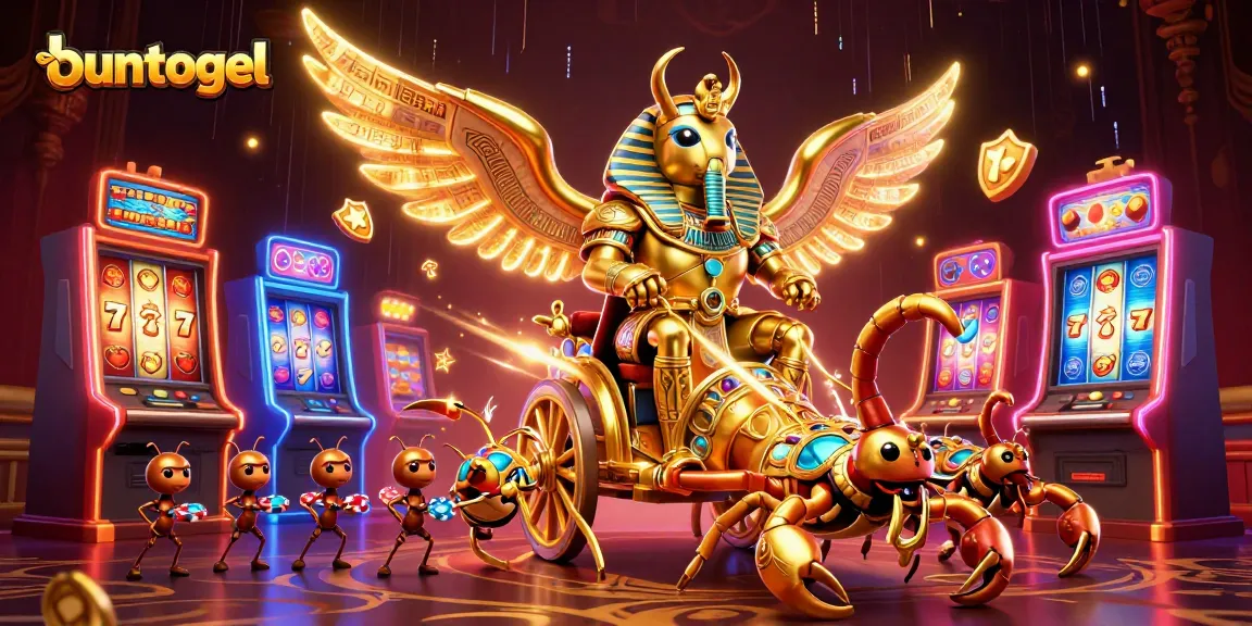 Buntogel features dynamic slot machines, a golden scarab beetle in a pharaoh chariot, and poker chip-carrying ants.