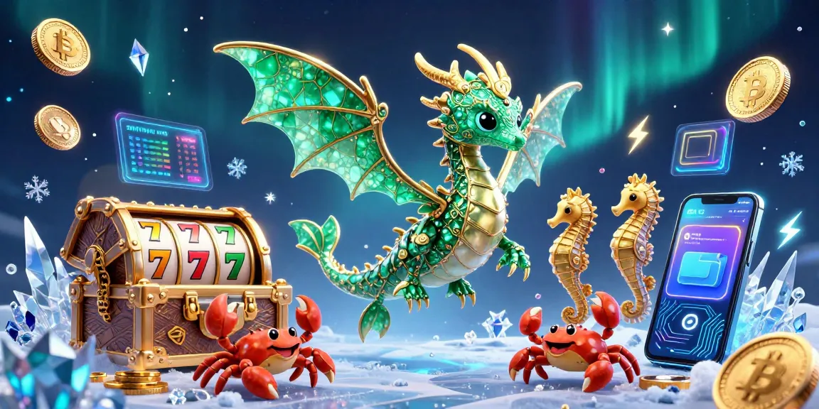 Experience the thrill of yaar win in a lively casino scene featuring a sea dragon, vibrant slot reels, and cryptocurrency elements.