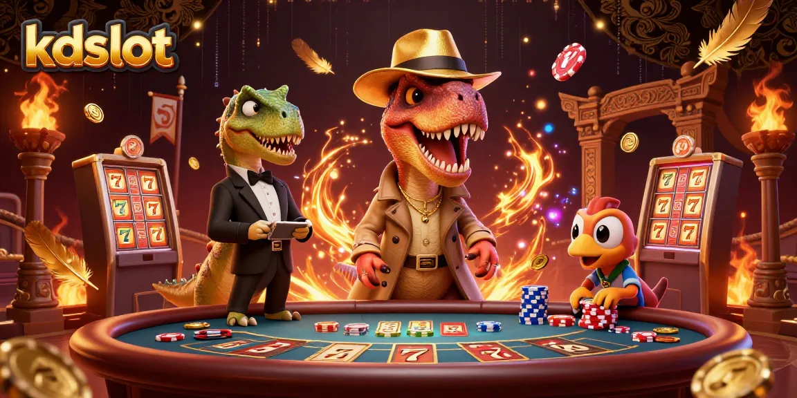 Experience thrilling action at kdslot with cartoon dinosaur characters engaging in a lively blackjack table scene.