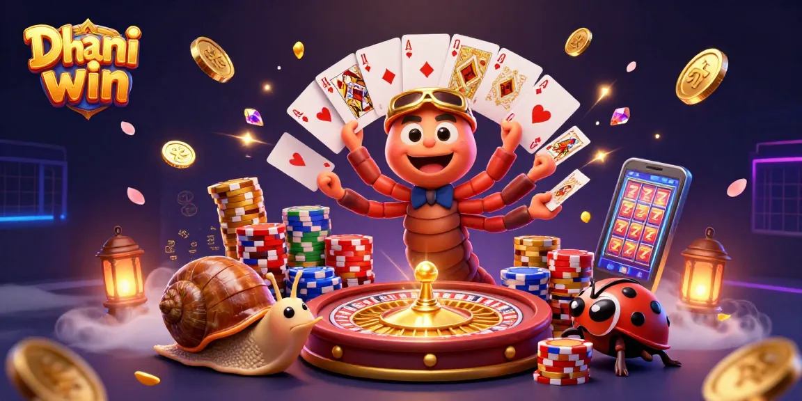 Dhani win online gaming platform featuring exciting gameplay with colorful characters, cards, and casino elements.