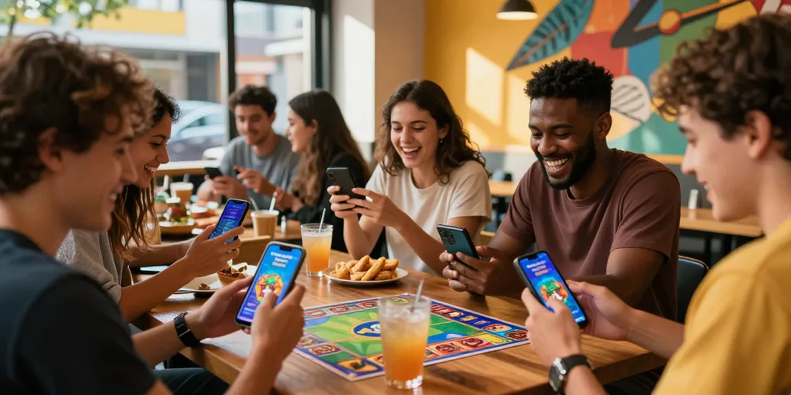 Friends engaging with Teen Patti Gold app in a lively café, showcasing the exciting atmosphere of gaming.