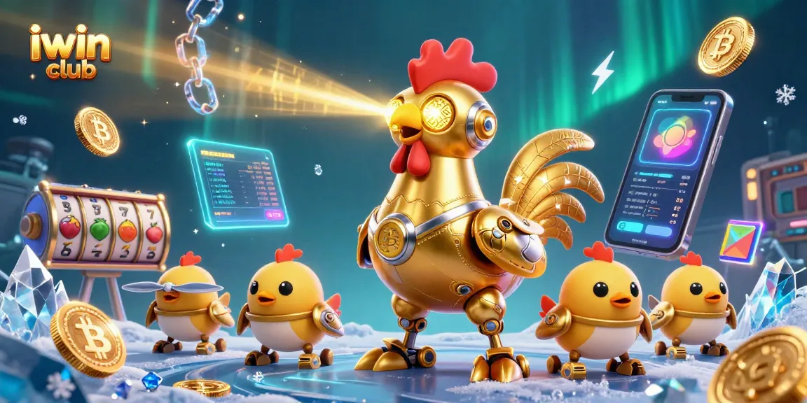 Engage with the vibrant iwin club casino scene featuring a golden rooster robot and dynamic game elements.
