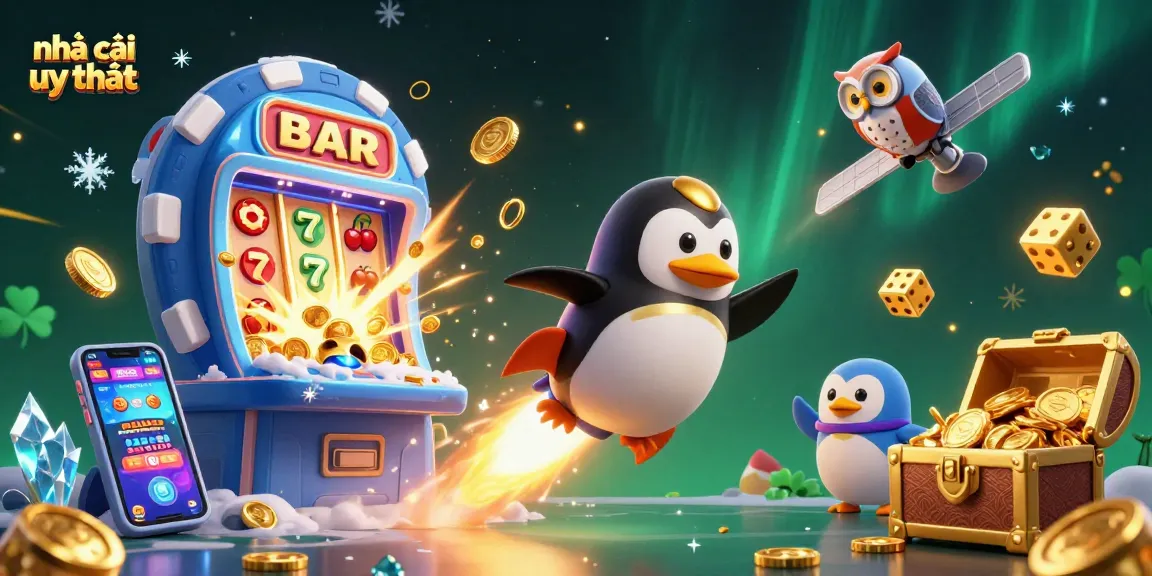 Experience the excitement of nhà cái uy tín with our 3D illustration showcasing a golden penguin and vibrant casino elements.