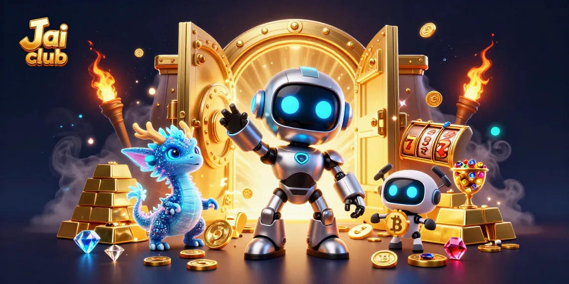 Jai club showcases thrilling gameplay with cyberpunk robot and treasures around slot reels.