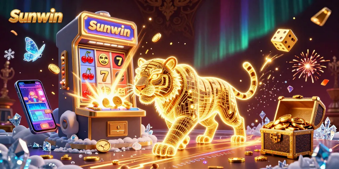 Experience winning strategies at Sunwin's dynamic casino landscape, featuring a 3D golden tiger amidst vibrant game elements.