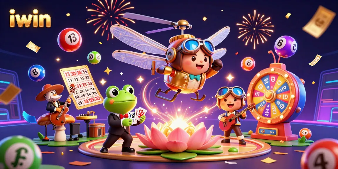 Engage with iwin’s vibrant casino scene featuring a dragonfly pilot and a frog croupier.