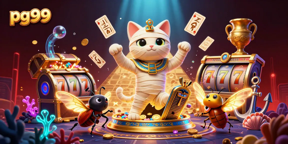 Experience vibrant gameplay at pg99 with a 3D Egyptian kitty bursting from a golden sarcophagus amidst casino thrills.