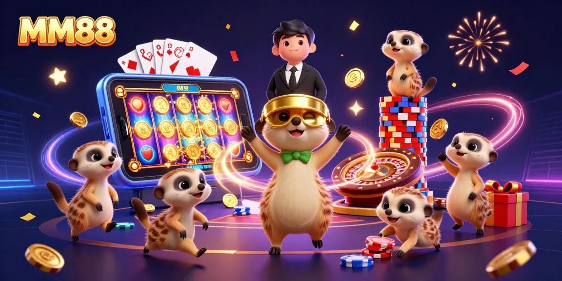Join the excitement at MM88 casino with meerkats managing a vibrant gaming operation.