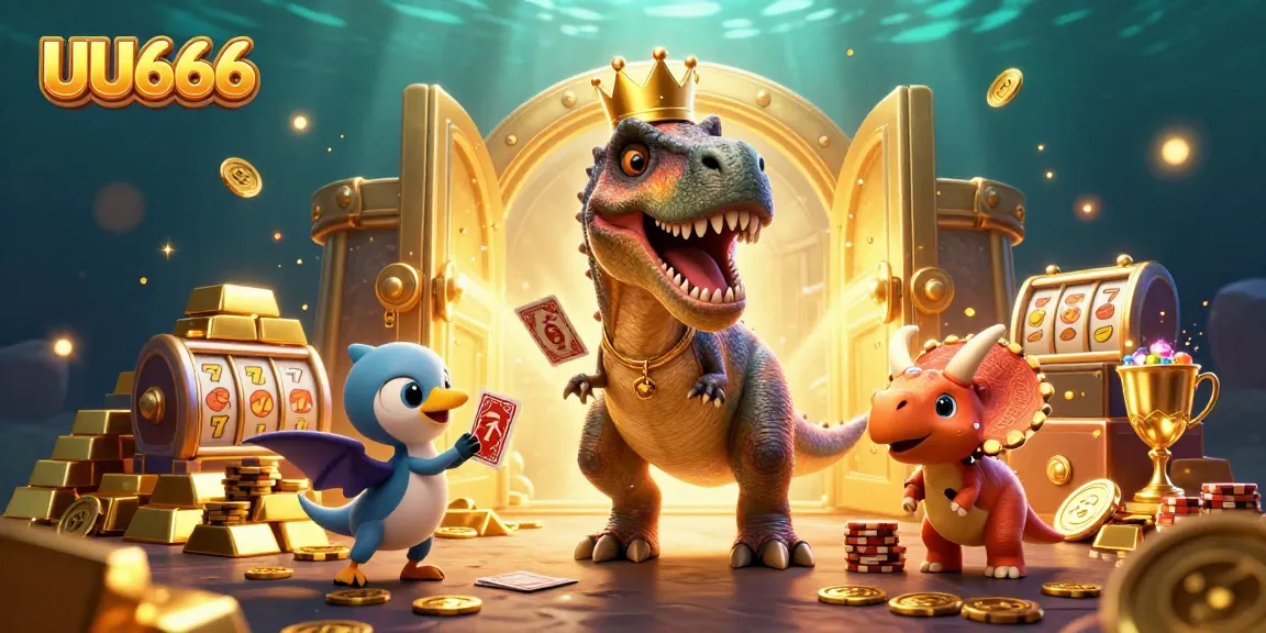 Engage in thrilling action with UU666 featuring cartoon dinosaurs enjoying casino games and golden treasures.