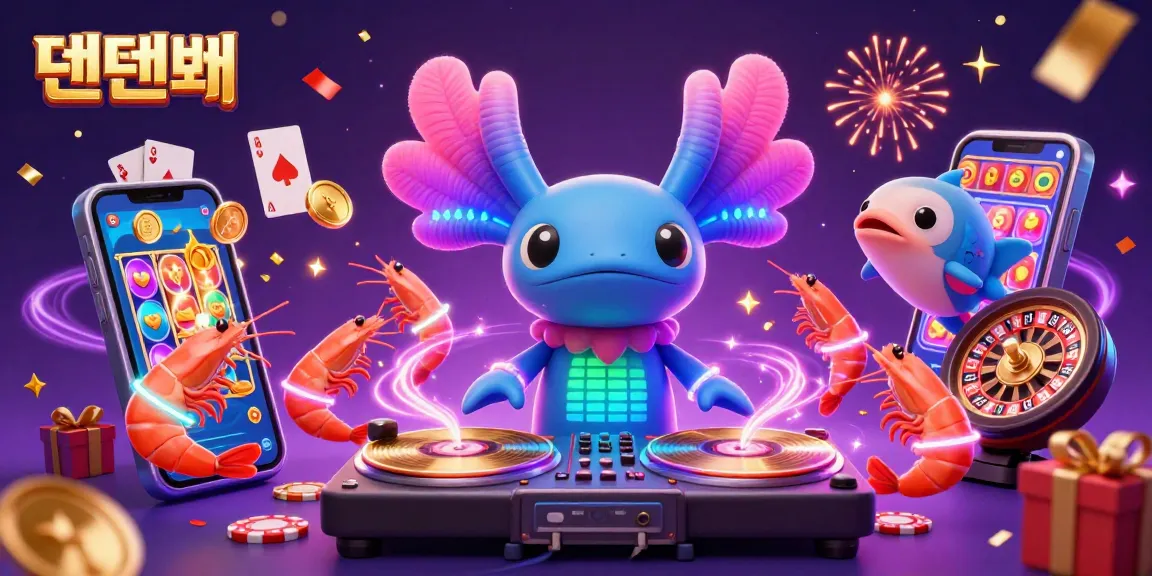 Experience the vibrant energy of 텐텐벳 with a vivid 3D illustration featuring a neon axolotl DJ spinning reels and coins.