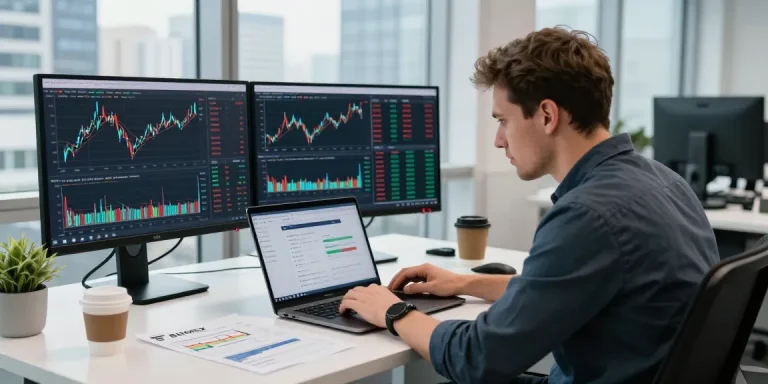 Трейдер анализирует отзывы BitMEX с помощью ноутбука в современном офисе.