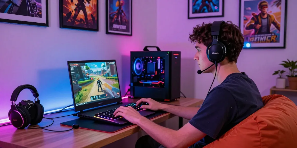 Engaged gamer playing on laptop with lotus365 game display in vibrant home setup.