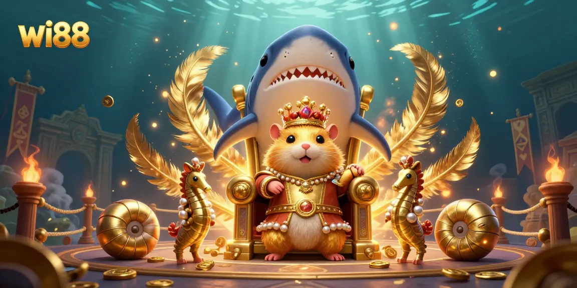 Experience the dynamic world of wi88 with a fierce golden hamster king ruling from a megalodon throne.