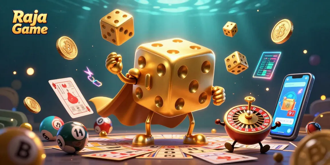 Experience the excitement of Raja Game with a dynamic lottery scene featuring glowing NFT elements and a vibrant character cast.