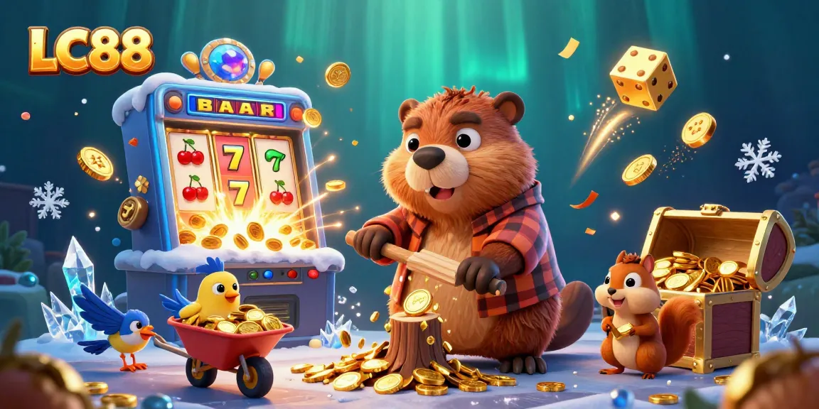 LC88 players enjoy vibrant scenes with slots, gold coins, and lively characters in a digital casino