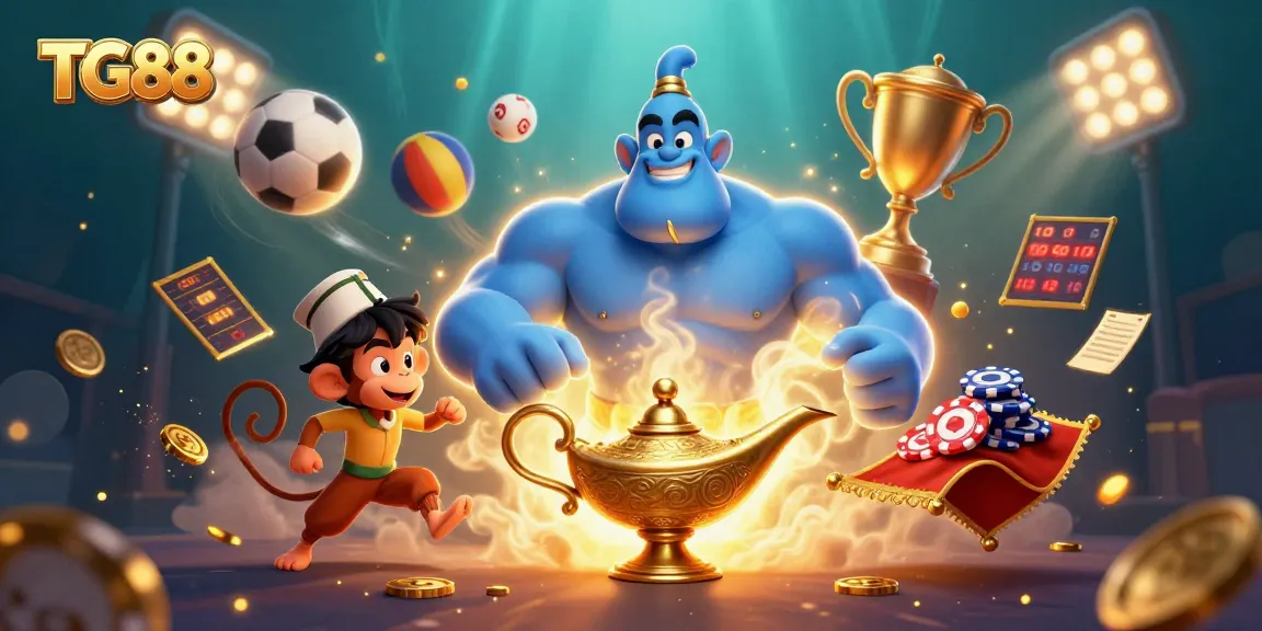 Experience the excitement of betting with TG88, featuring a genie and dynamic sports elements against a vibrant backdrop.