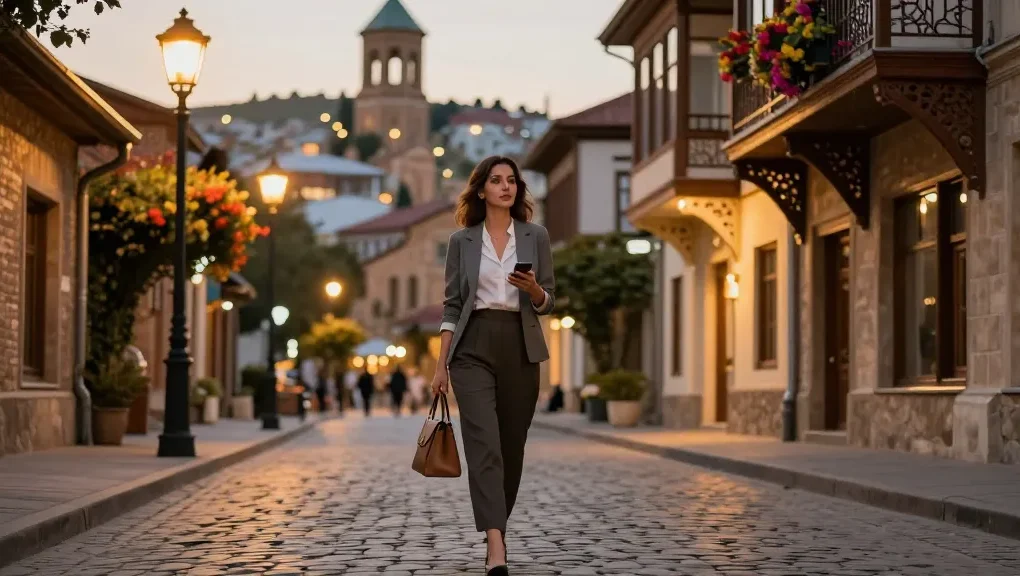 Escort Tbilisi: Stylish woman strolling through charming cobblestone streets at dusk.
