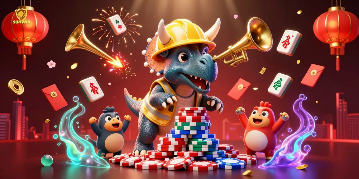 Engage in exciting gameplay at sunwin with 3D characters celebrating casino wins amidst vibrant decorations.