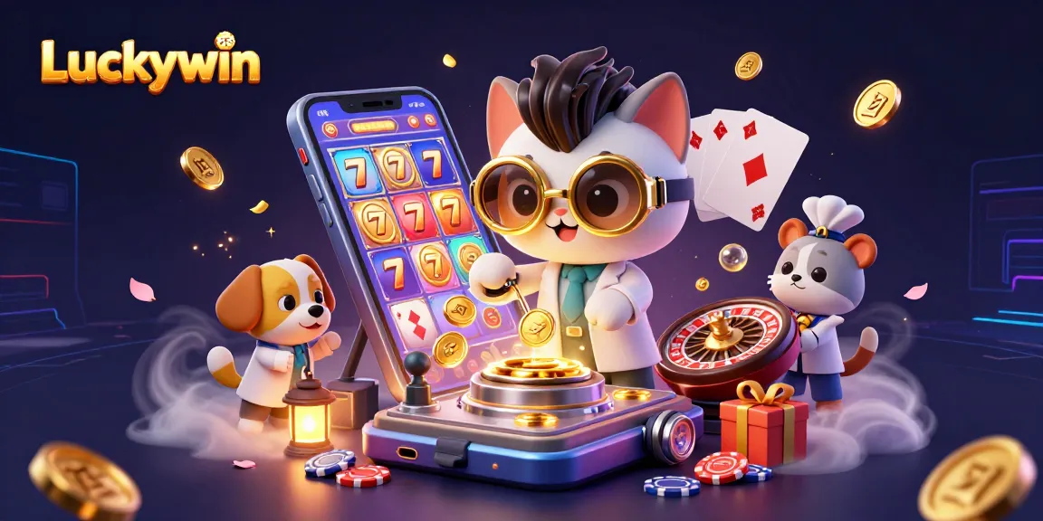 Engage in thrilling slot adventures with Luckywin's cartoon lab team spinning reels and golden coins.