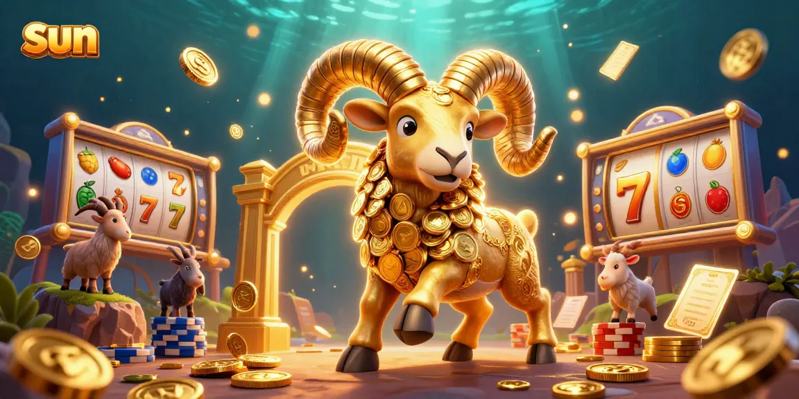 Engage with the sun-themed slot gaming experience featuring a golden ram amidst vibrant 3D elements.