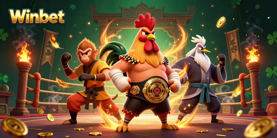 Winbet showcases intense action with a Muay Thai rooster in an explosive casino scene.