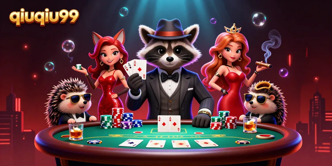 Engage in vibrant QiuQiu99 gaming action with raccoon and fox characters at a poker table.