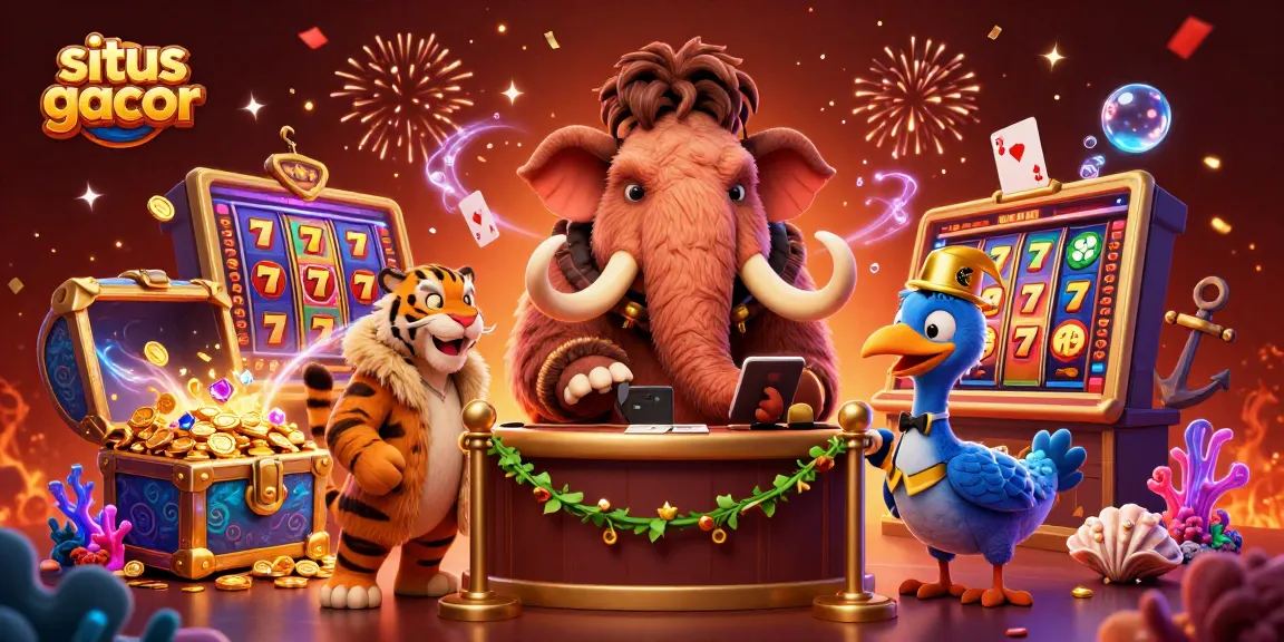 Experience excitement with situs gacor at this vibrant casino scene featuring unique characters and colorful slot elements.