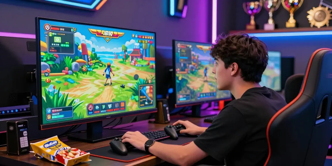 Exciting online gaming atmosphere at 78WIN with a player engaged in thrilling fishing game, showcasing gaming setup and vibrant lights.