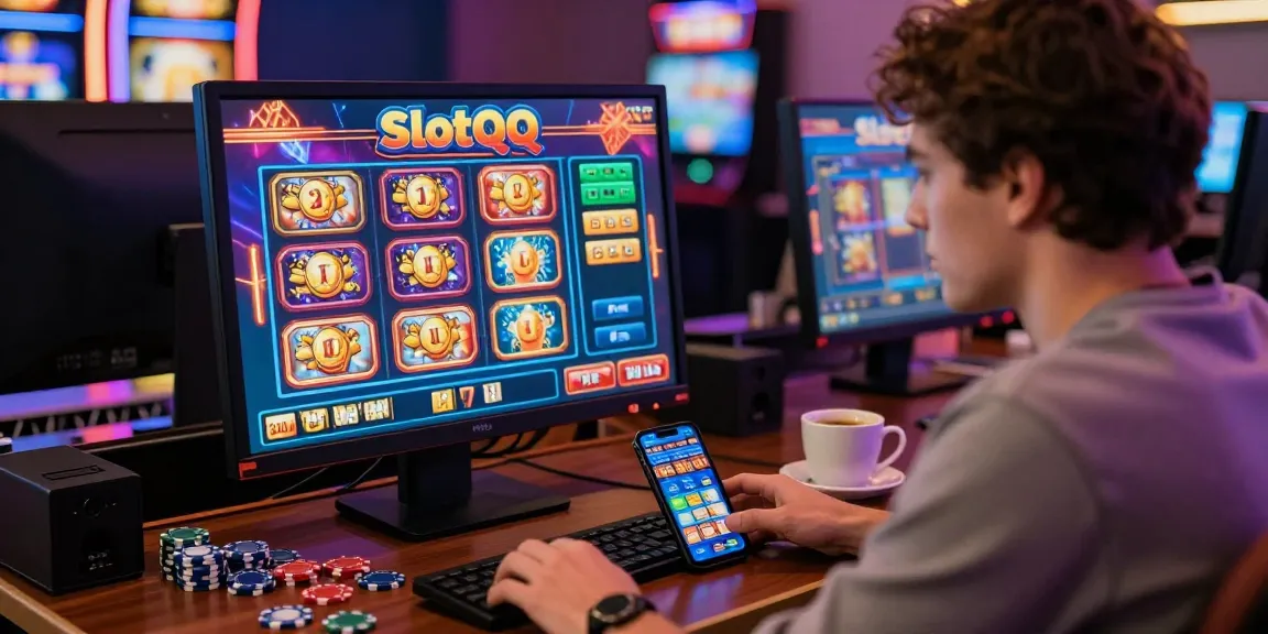 Player immersed in SlotQQ games in a colorful online casino setting
