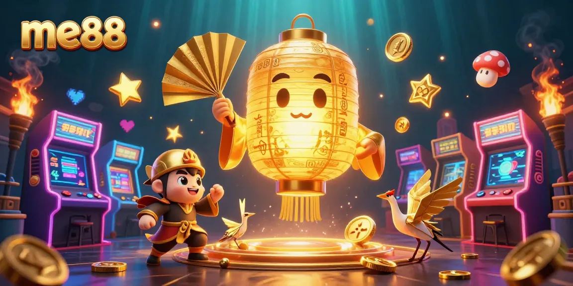 Engage with exciting games at me88, featuring vibrant 3D casino elements and joyful characters.