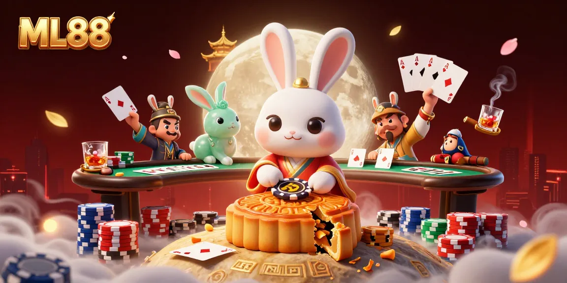 ML88 casino scene with a moon rabbit revealing poker chips and a vibrant atmosphere full of gambling elements.