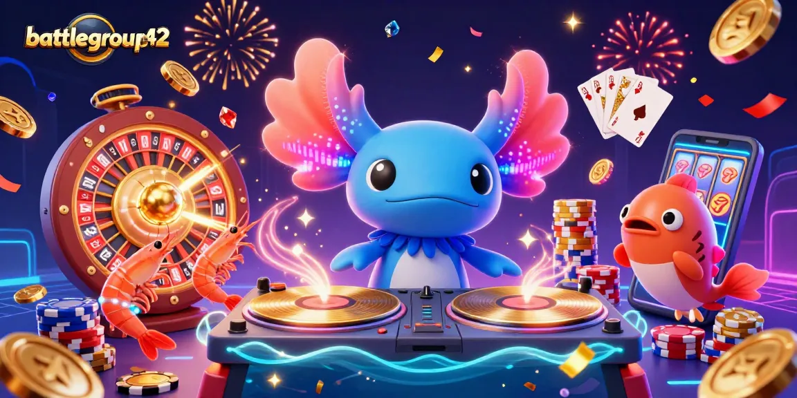 Engage with battlegroup42 at a vibrant casino scene featuring a neon axolotl DJ and dynamic gameplay elements.
