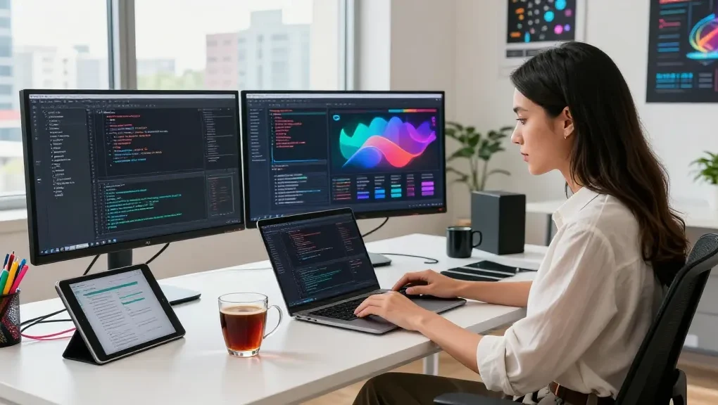 Developer coding in a modern workspace with multiple monitors showcasing coding and UI design, emphasizing the tech industry slot.