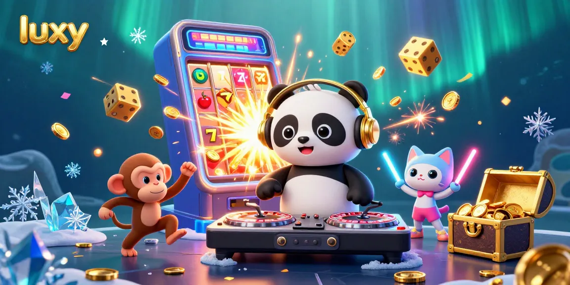Join the fun with luxy at this vibrant casino scene featuring dancing animals and exciting jackpots!
